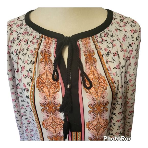 DR2 Daniel Rainn Women's Black White Pink Floral Peasant Boho Blouse Size L - Picture 2 of 5